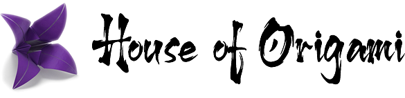 Logo of website called House of Origami with a violet origami flower at the left